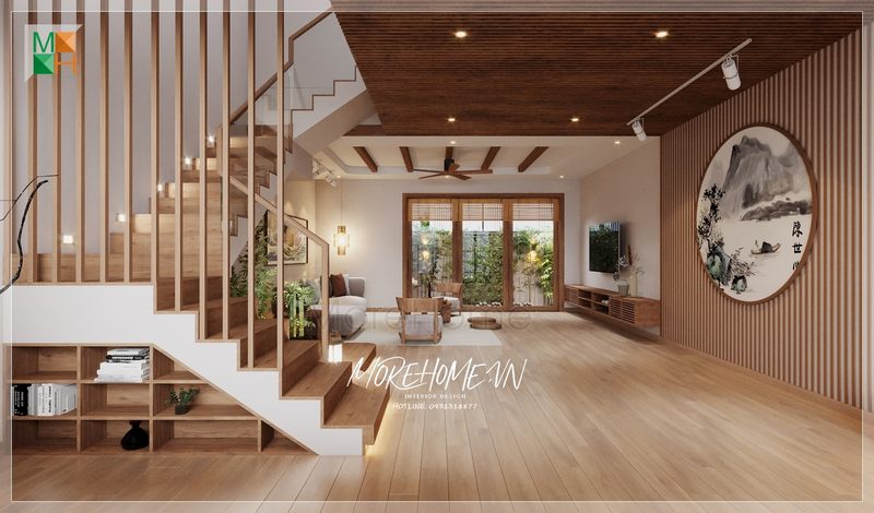 Tranh canvas hình tròn khung gỗ có phong cách Nhật được treo tường để làm nổi bật không gian.